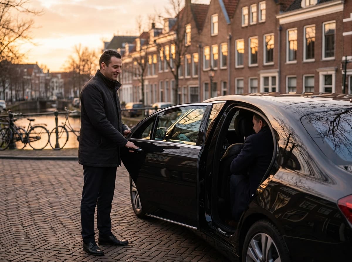 Taxi met chauffeur die een passagier helpt instappen in Den Haag